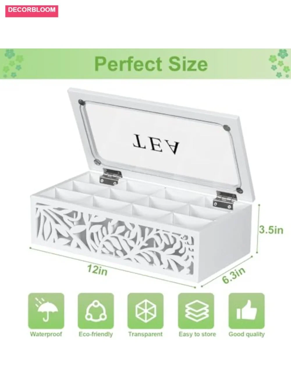 12-Slot Wooden Tea Bag Organizer, Floral Cut Out Lid, Countertop Storage